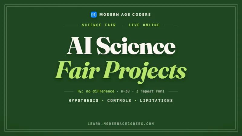 AI Science Fair Projects poster, Modern Age Coders live online project mentoring