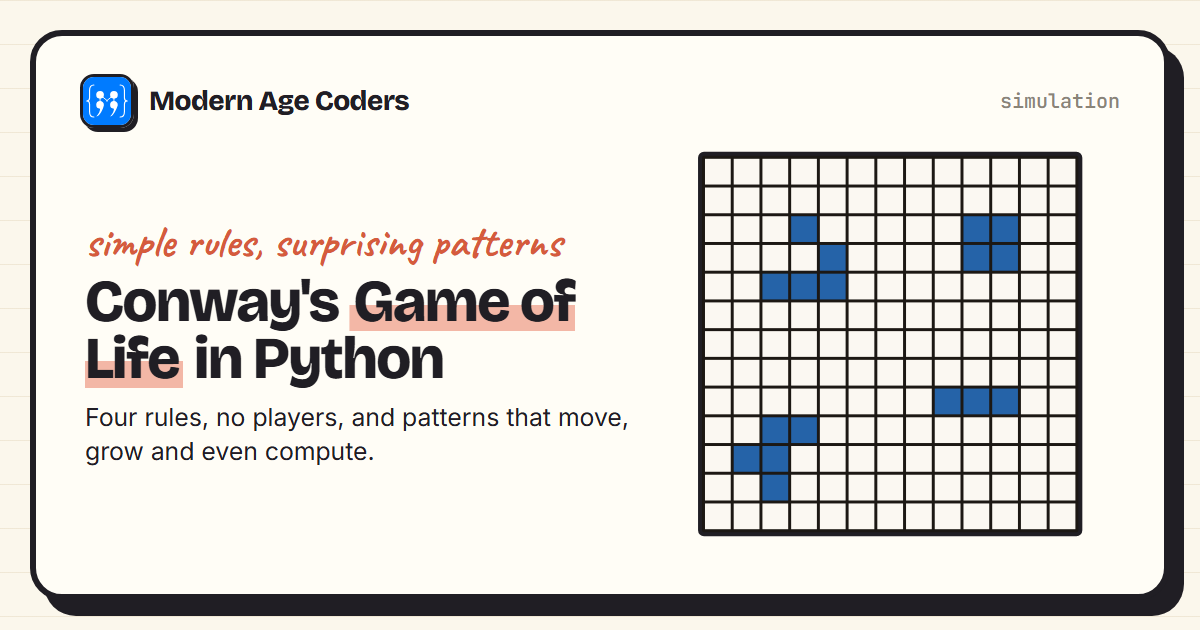 Conway's Game of Life: a grid with a glider, a block, a blinker and a small pattern