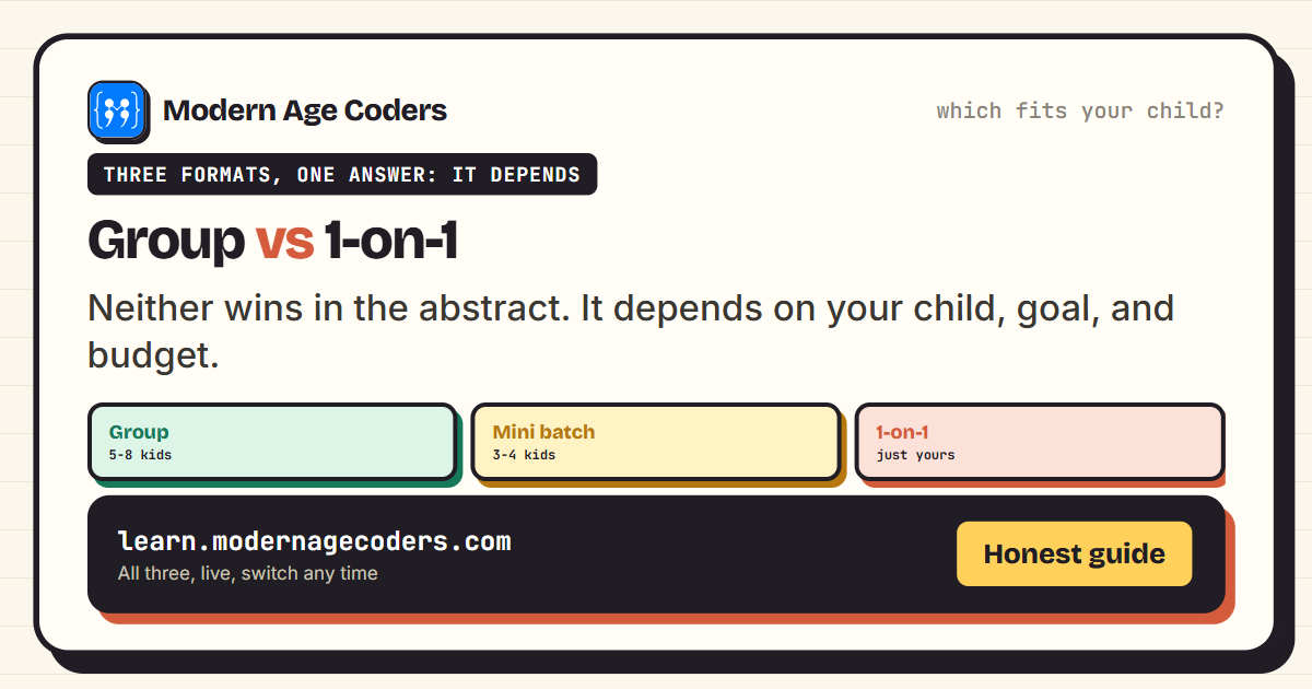 Group vs 1-on-1 coding classes for kids: an honest comparison of cost, attention, and pace, plus the mini batch option in between
