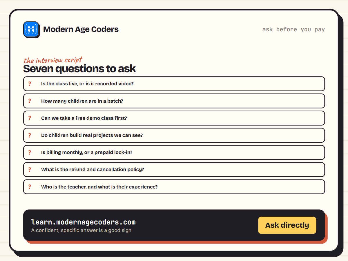 Seven questions parents should ask a coding class before enrolling their child, from is it live to what is the refund policy