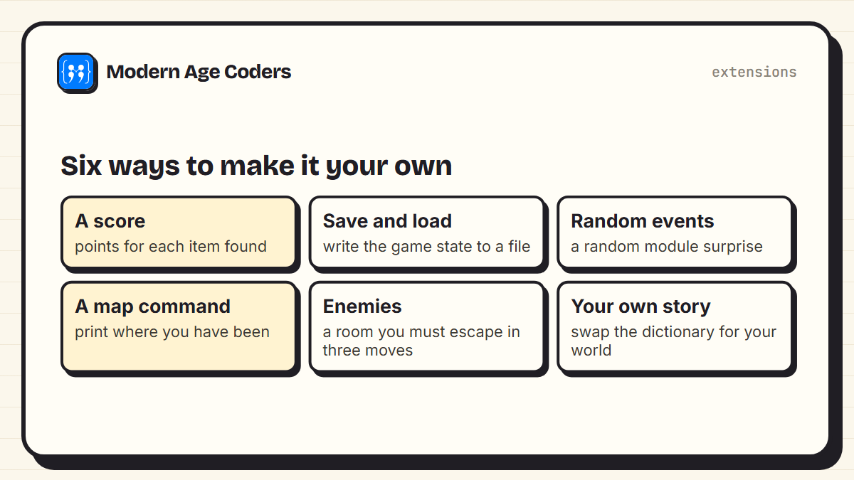 Six ideas to extend a Python text adventure: a score, save and load, random events, a map command, enemies and a new story