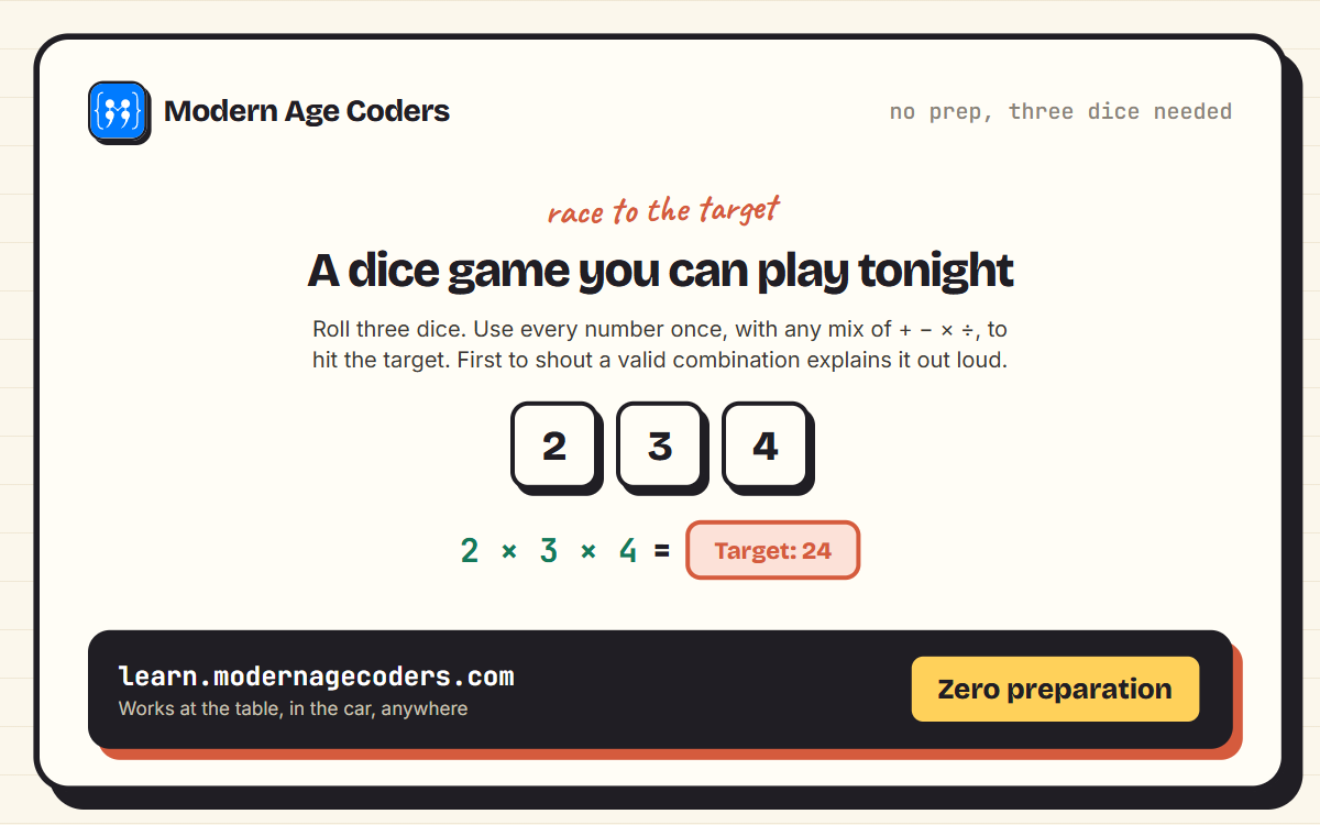 Rules and a worked example for Race to the Target, a three dice mental maths game, showing 2 times 3 times 4 equals 24