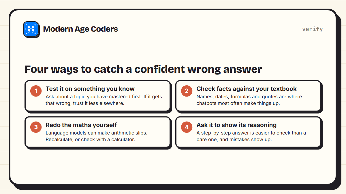 Four ways to check an AI chatbot's answer: test it on something you know, check facts against a textbook, redo the maths yourself, and ask it to show its reasoning