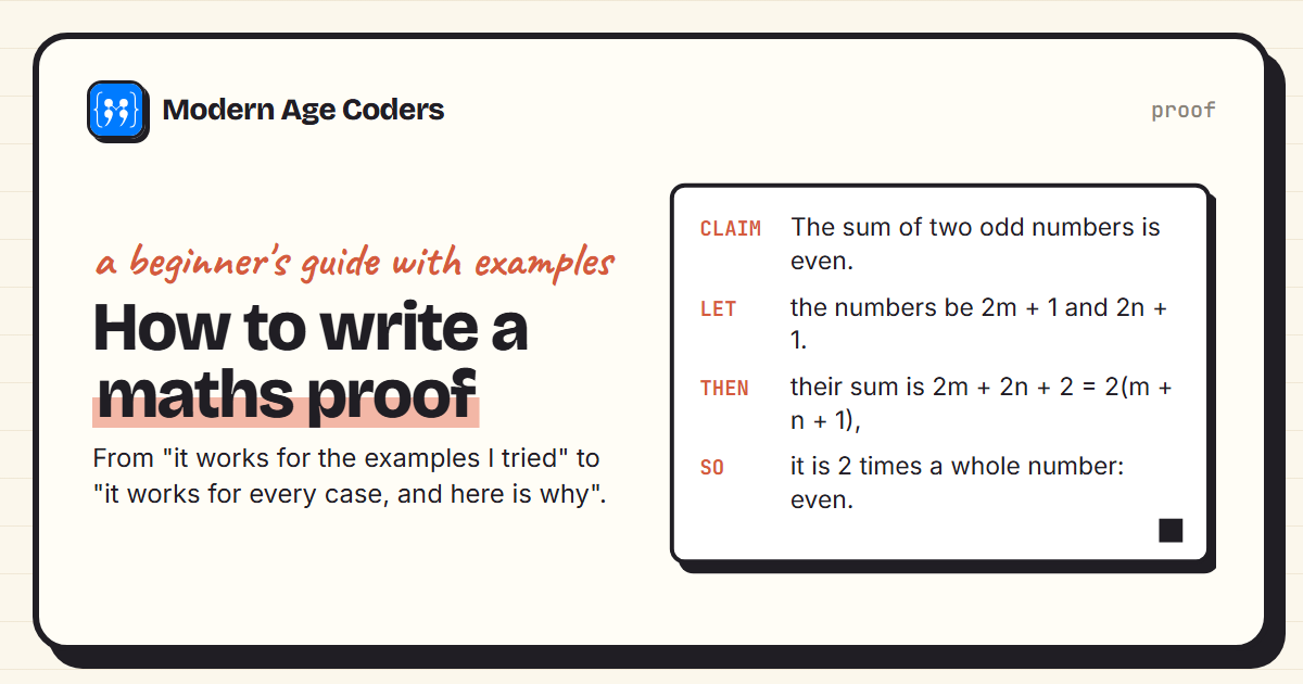 How to write a maths proof: a short proof that the sum of two odd numbers is even, ending with a proof square