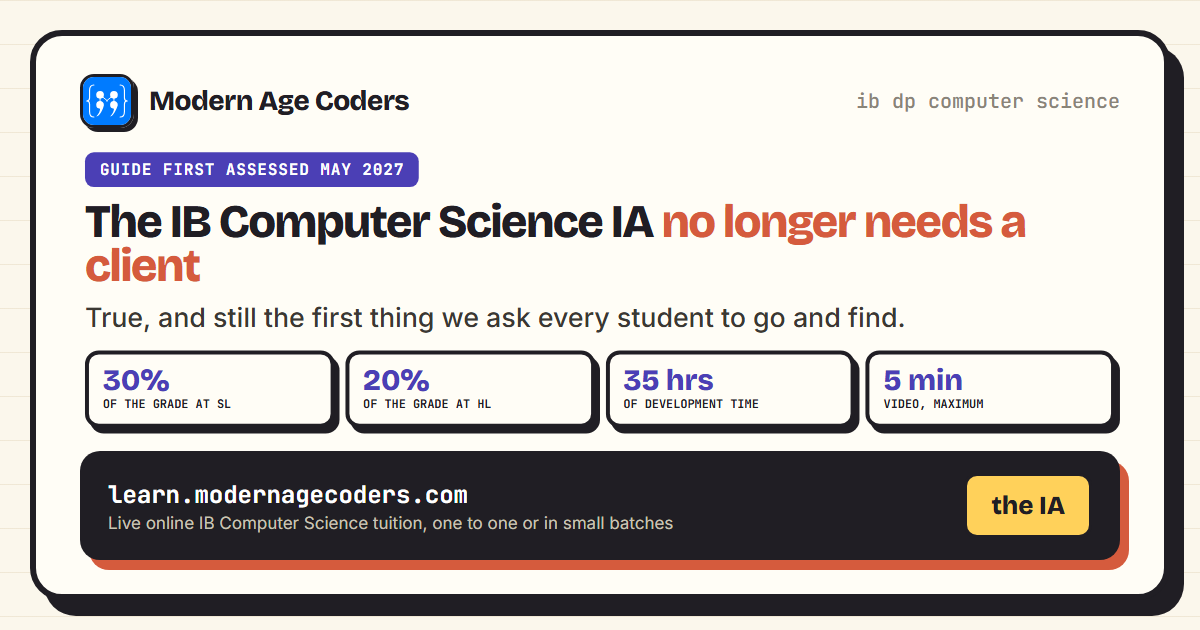 IB Computer Science internal assessment: 30 per cent at SL, 20 per cent at HL, 35 hours, five minute video