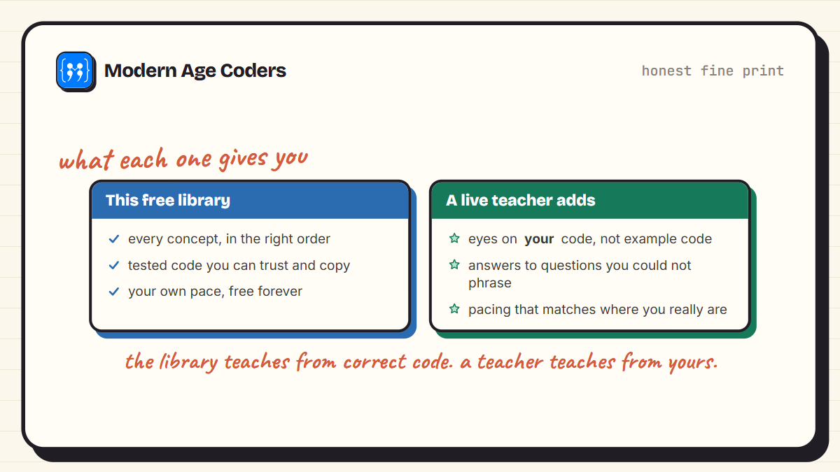 What self-study gives you versus what a live teacher adds: feedback on your own code, pacing, and answers to questions you could not phrase