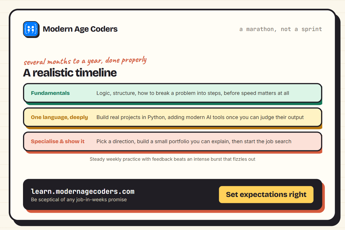 A realistic timeline for a career change into coding in 2026, from fundamentals through to a portfolio and job search over several months to a year