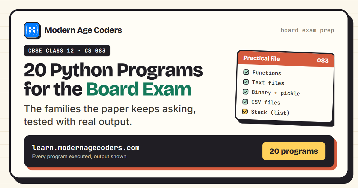 20 Python programs for the CBSE Class 12 Computer Science board exam with tested code