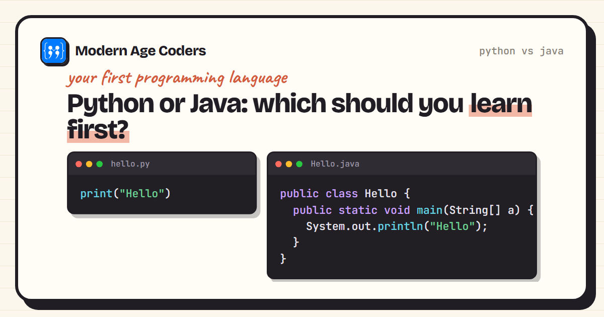 Python vs Java: a one-line Python hello world beside the five-line Java version