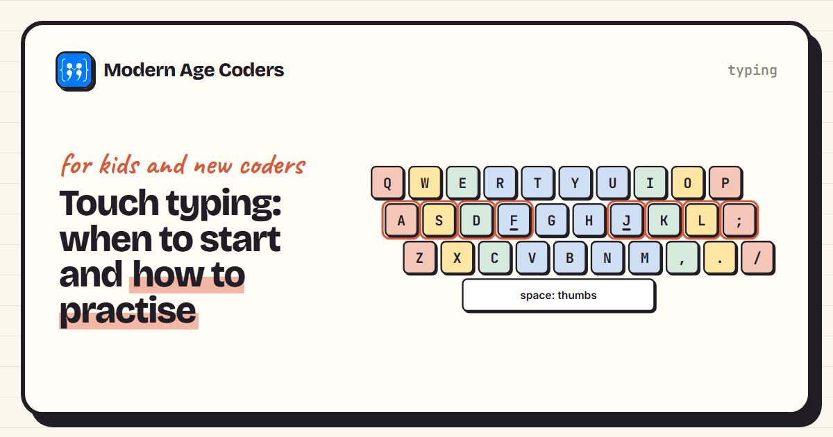 Touch typing for kids: a keyboard with each finger's keys coloured and the home row outlined