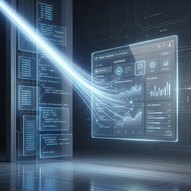 Abstract code blocks morphing into a beautiful user interface powered by light, representing the shift from syntax to vision in vibe coding