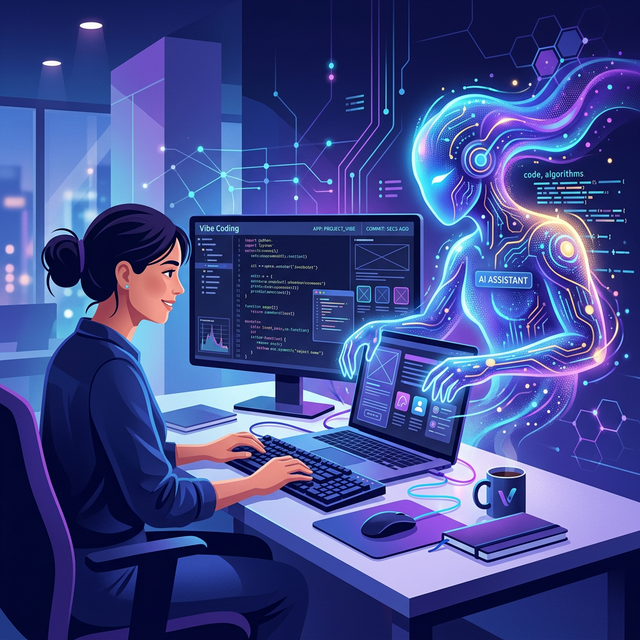 A software developer collaborating with a glowing AI entity to create digital applications in a futuristic workspace
