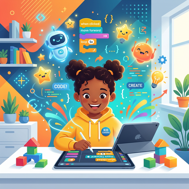 A young student building an application on a tablet with glowing AI assistants helping them create