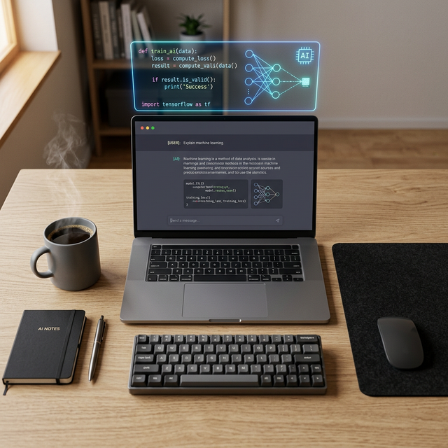 Top-down view of a sleek modern laptop, coffee, and holographic code elements representing security-conscious development