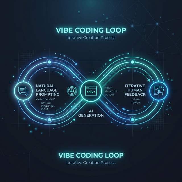 Abstract representation of the Vibe Coding Loop with glowing interconnected nodes showing the iterative process