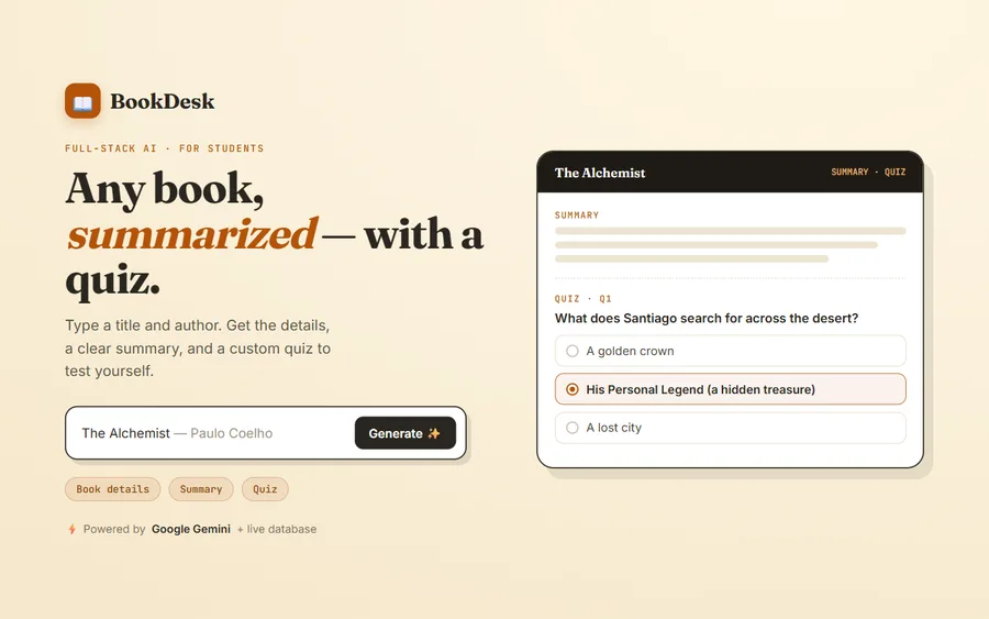 BookDesk — AI Book Summaries & Quizzes