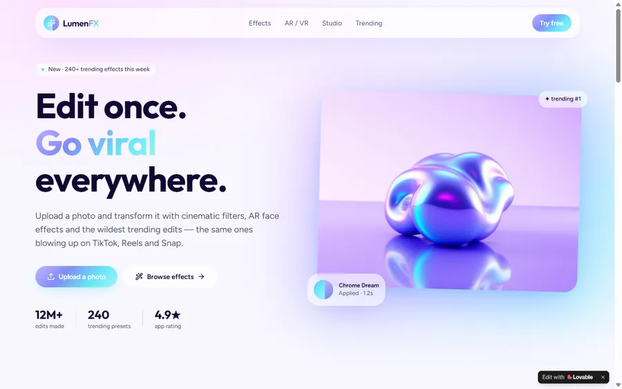 LumenFX — AR/VR Photo Effects Studio