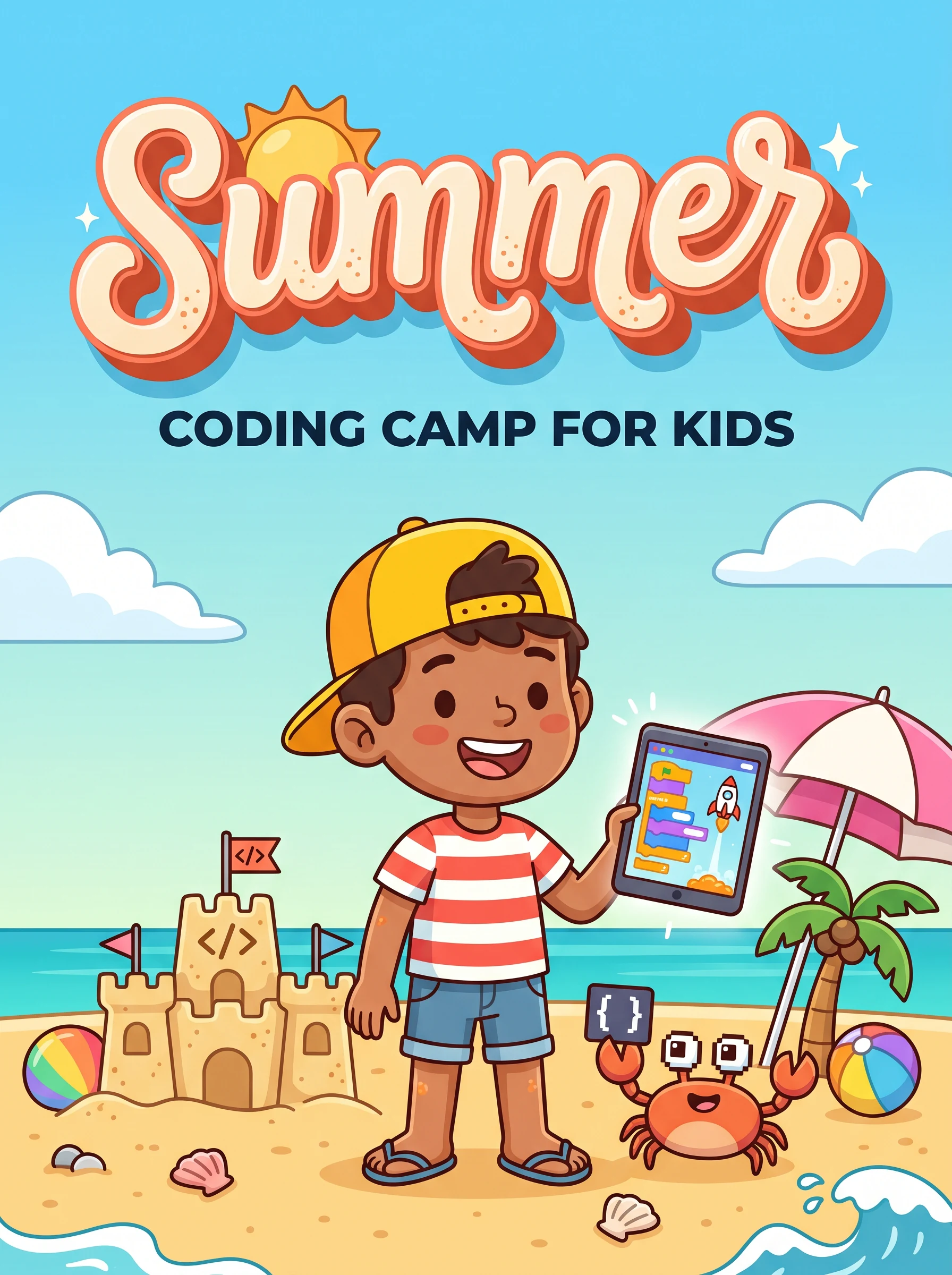Kids learning to code in summer camp — building games with Scratch and tablets on the beach