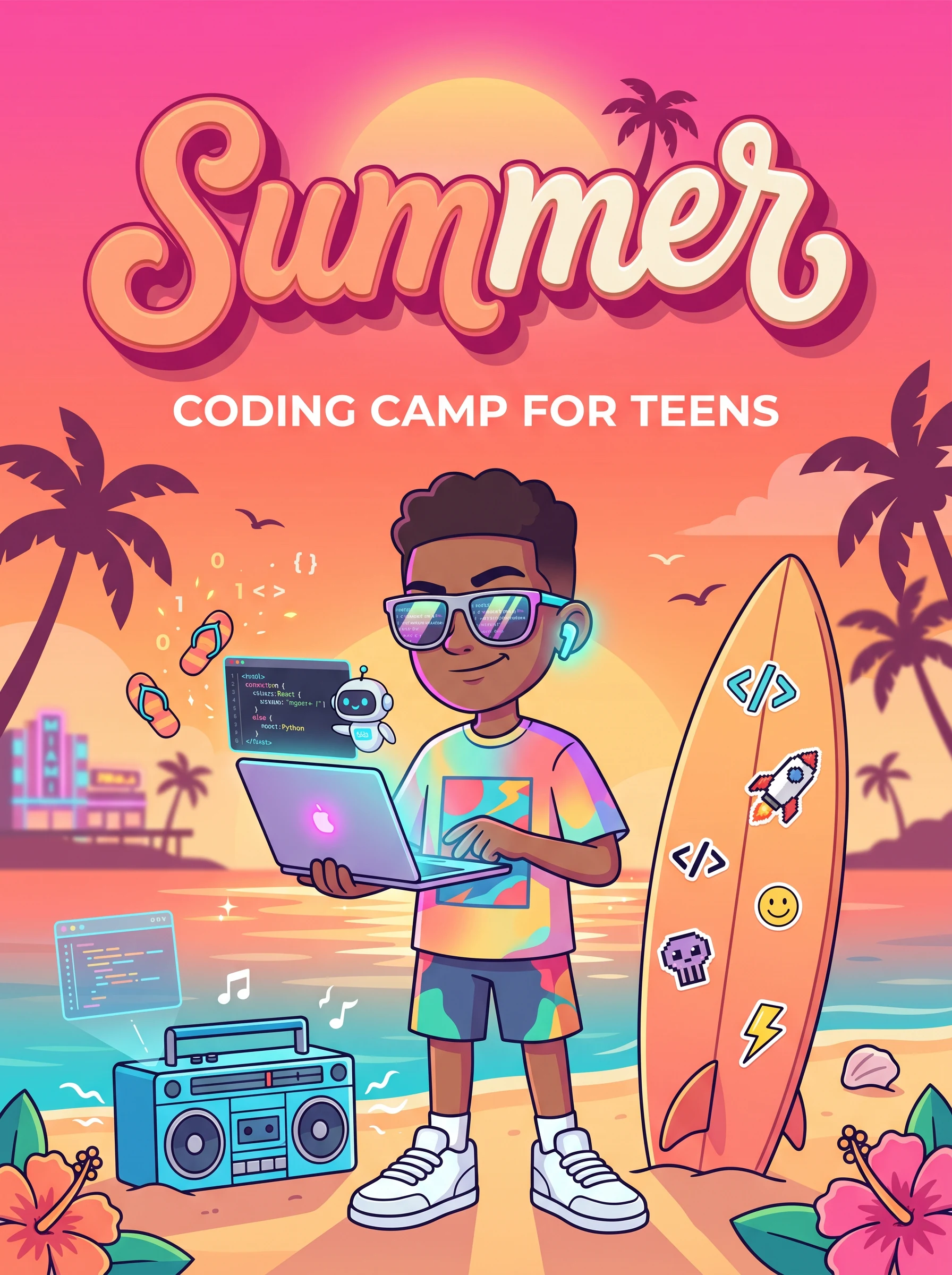 Teens learning to code during summer camp — building real web apps and AI projects