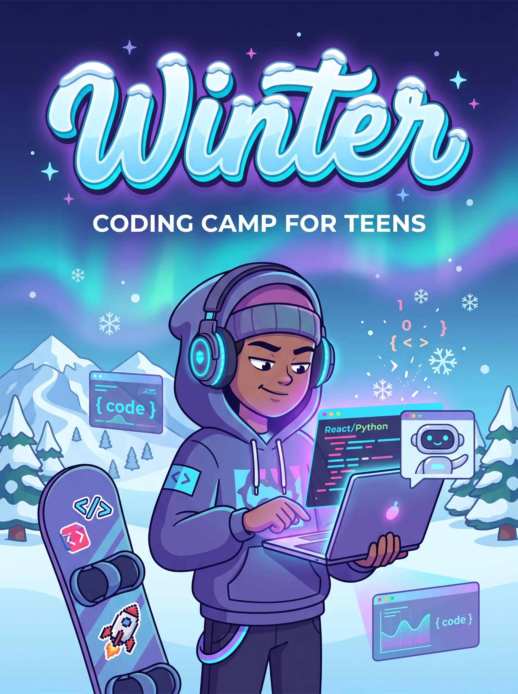 Teens learning to code during winter camp — building real web apps and AI projects